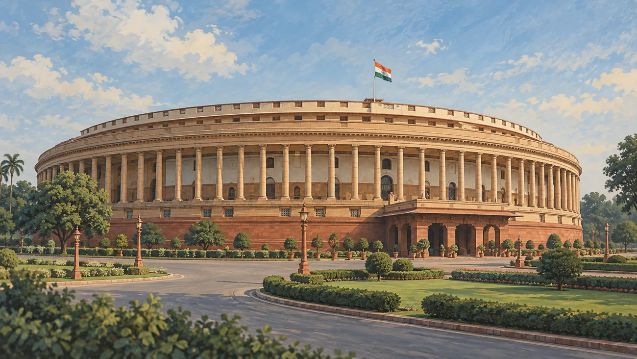 संसद भवन की AI-निर्मित सांकेतिक चित्रकारी · AI-generated editorial illustration
